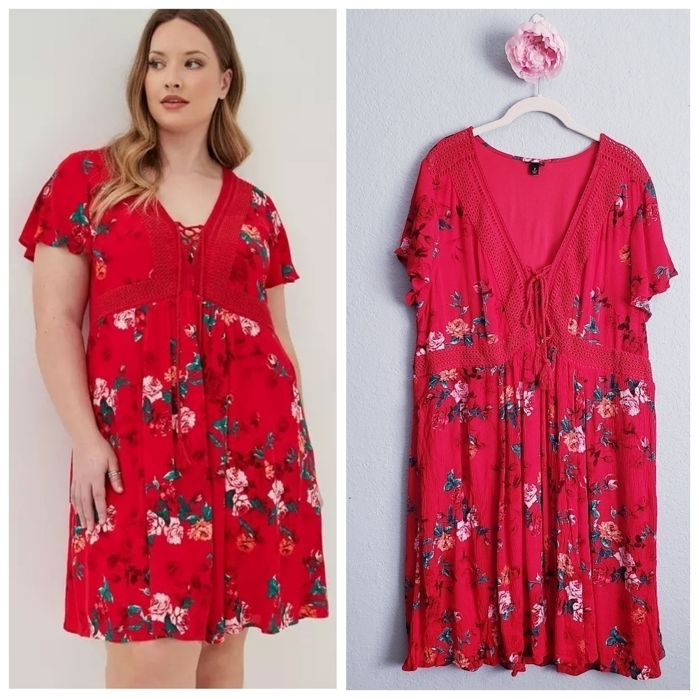 Torrid Red Floral Gauze Lace Up Skater Mini Dress